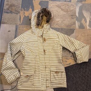 Roxy Houndstooth Hooded Winter Coat with Faux Fur Trim
